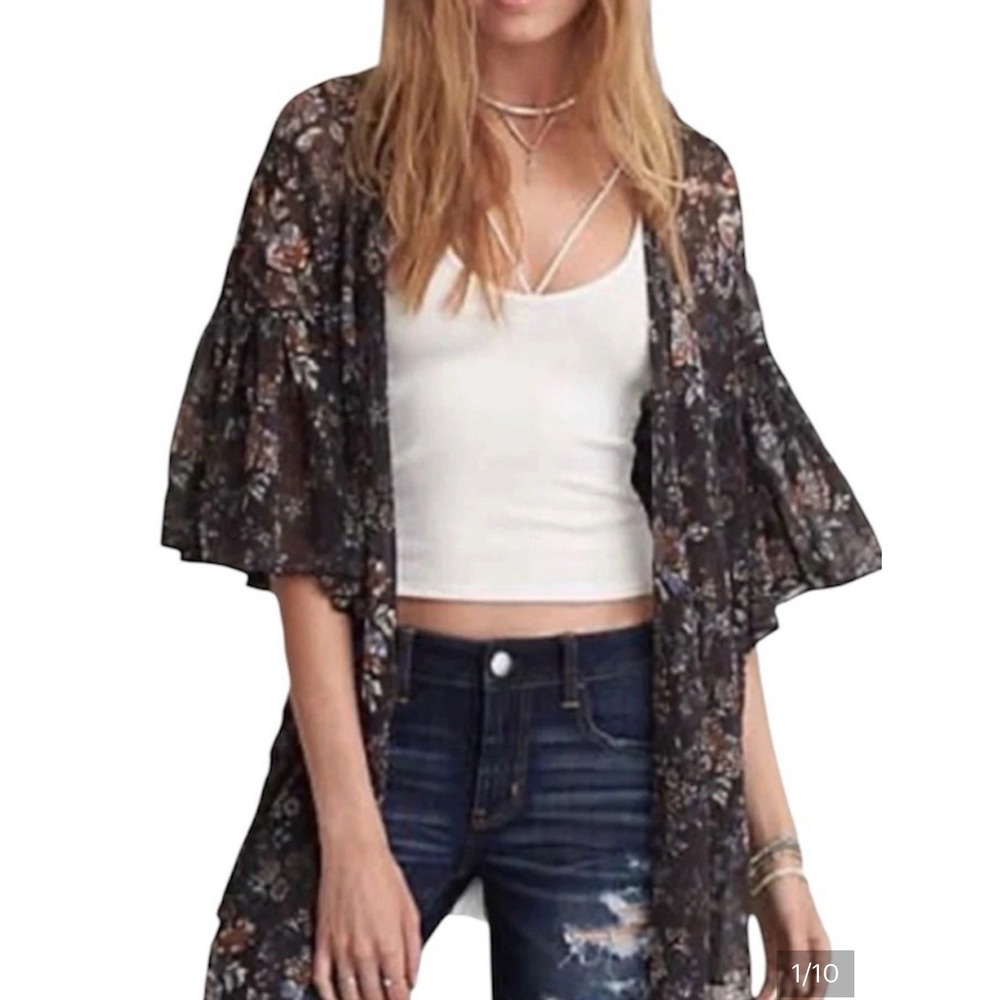 American Eagle Floral tie Front Kimono XS Sheer Boho Flutter Sleeve Black